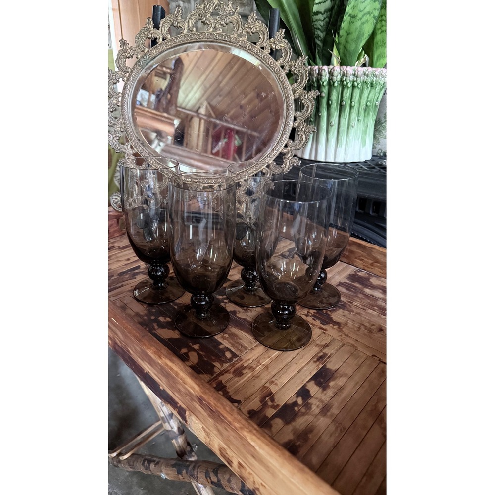 Vintage Goblets Set of 4 Smoke Brown Excellent MCM Ball Stem Pedestal Glass